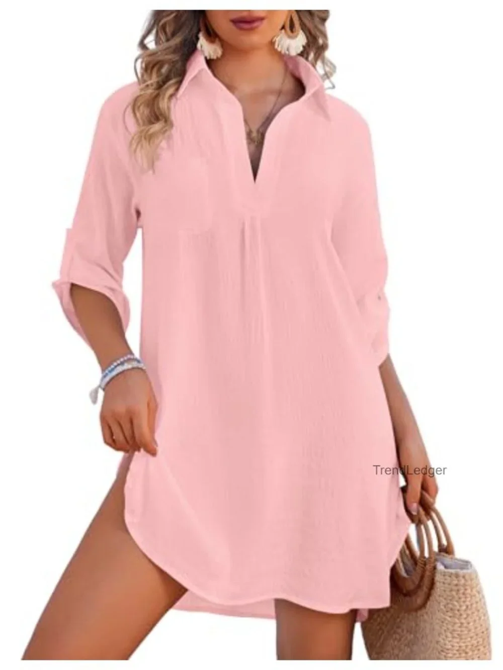 Swimsuit Coverup Deep V-Neck Side Split Loose Fit Lightweight Beach Cover Up